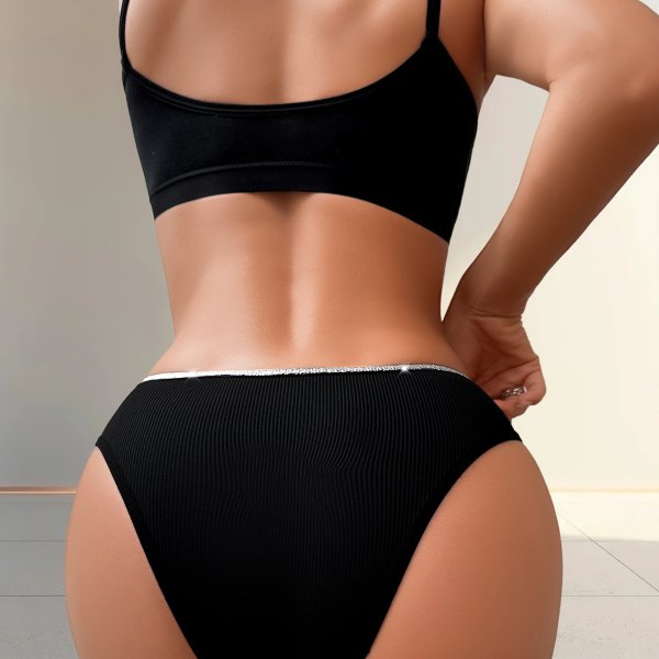 Black Ribbed Thong with Glitter Straps & Bows: Lifting Breathable Women's Underwear