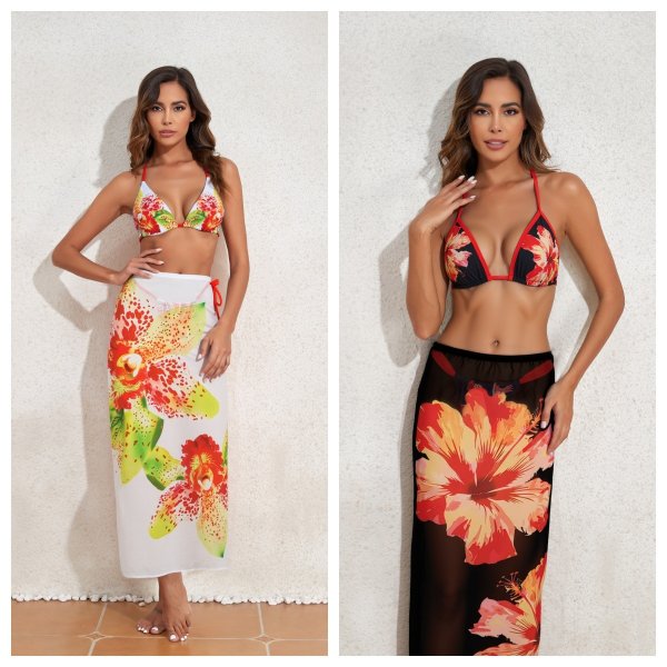 2026 new printed sexy long gauze skirt, backless lace up bikini three piece swimsuit set