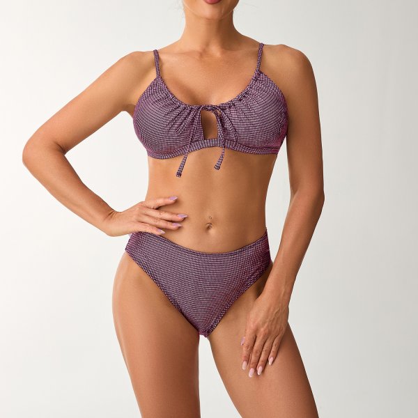 Black/Rose Red Plaid High-Waist Bikini Set: Tie-Front Padded Swimsuit