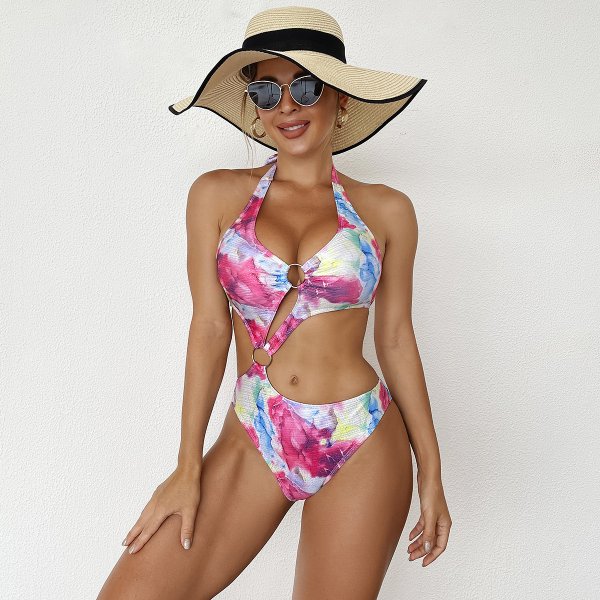 New one-piece swimsuit printed hot stamping sexy hollow tight bikini swimsuit for women