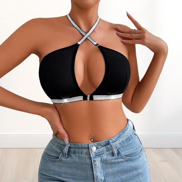 Black Halter Neck Bralette with Glitter Straps: Low-Back Push-Up Y2K Lingerie