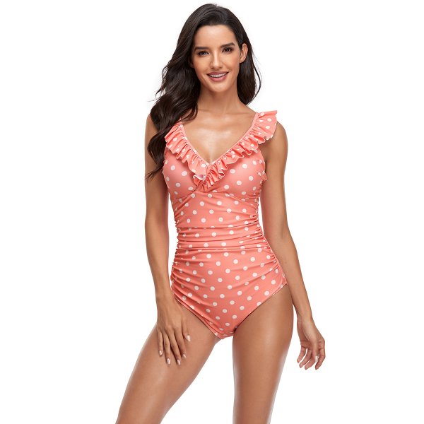 New solid color printed swimsuit with sexy ruffle edge one-piece swimsuit for women