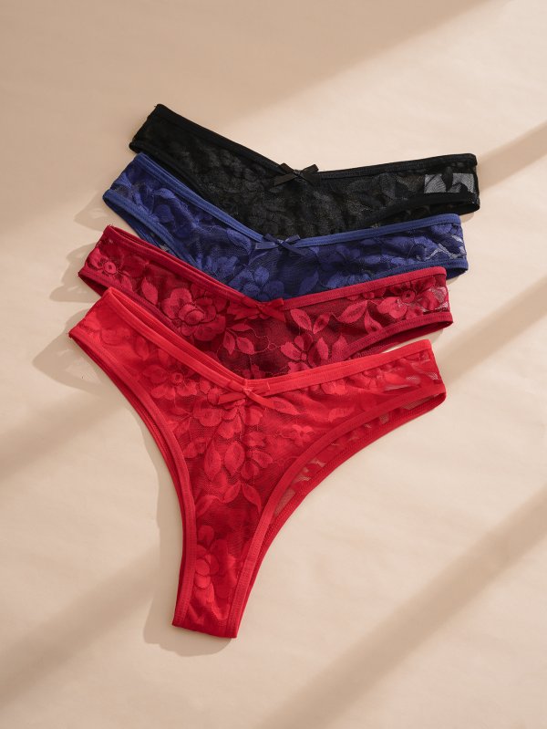 Sexy lace seducing low waisted bow tie t-shirt thong panties for women