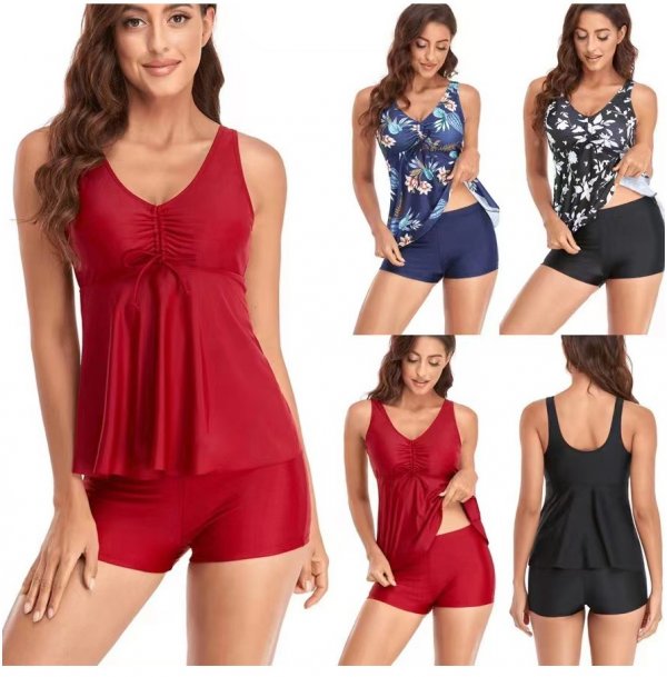 New Split Swimsuit Solid Color Printed Flat Angle Pants Swimsuit for Women