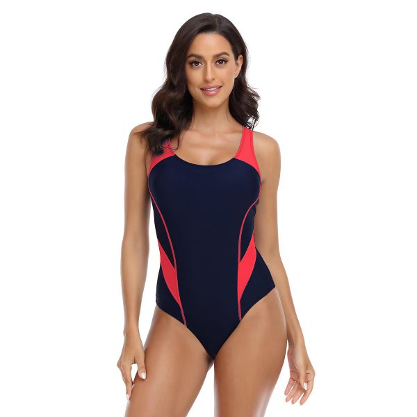New competitive women's tight fitting color blocking conservative one-piece swimsuit