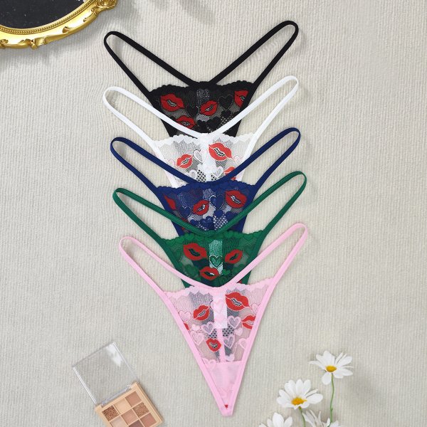 New sexy lace underwear with big red lip print thong and sexy women's T-pants