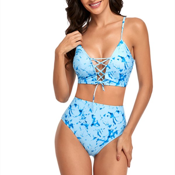 New swimsuit women's V-neck tie dye printed sexy high waist split bikini