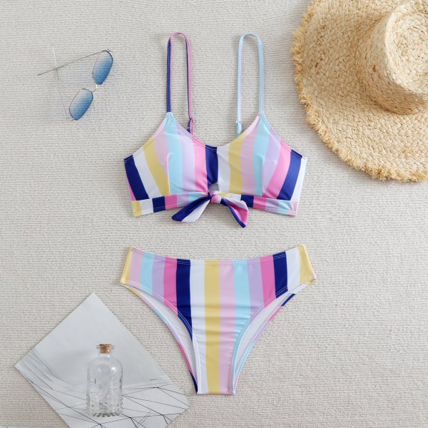 Striped high waisted bow split swimsuit for women, bikini