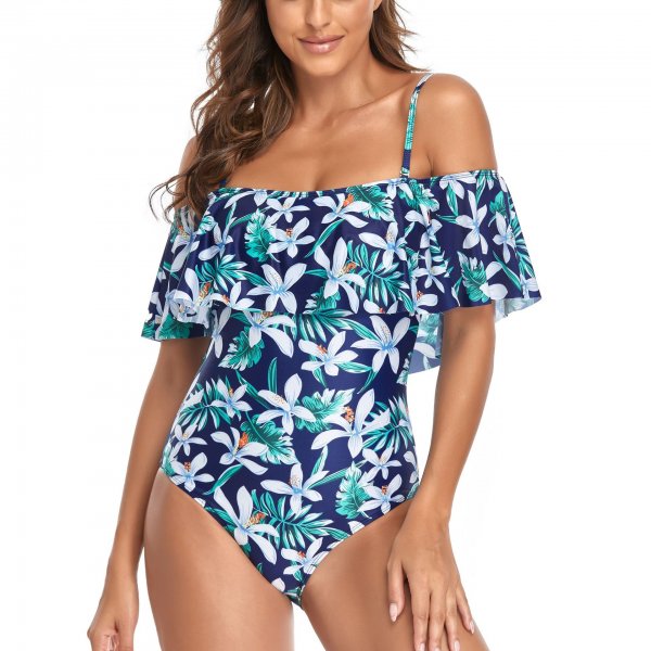 New one-piece swimsuit conservative tight print ruffle edge swimsuit for women