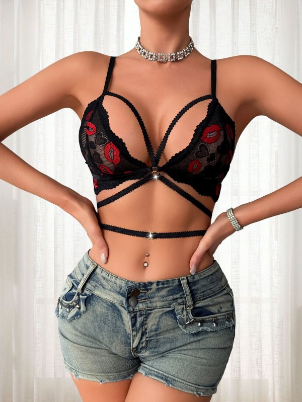 Black Lace Crisscross Bralette with Lip Print: Push-Up Low-Back Y2K Lingerie