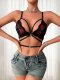 Black Lace Crisscross Bralette with Lip Print: Push-Up Low-Back Y2K Lingerie