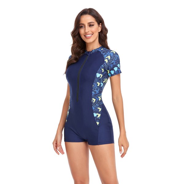 New sports one-piece swimsuit women's short sleeved printed patchwork surfing suit