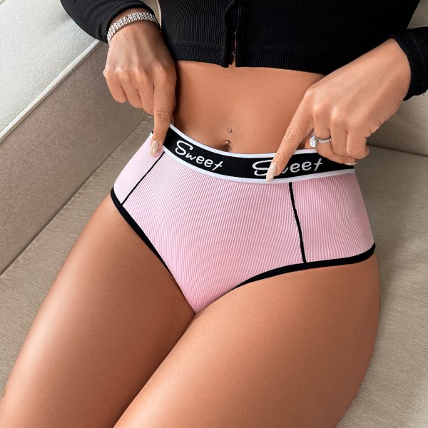 Pink Ribbed High-Waisted Briefs with 'Sweet' Waistband: Invisible Breathable Teen Underwear (S-XL)