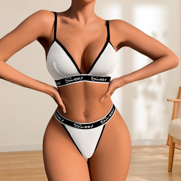 White & Black \'Sweet\' Bralette & Thong Set: Low-Back Push-Up Lingerie