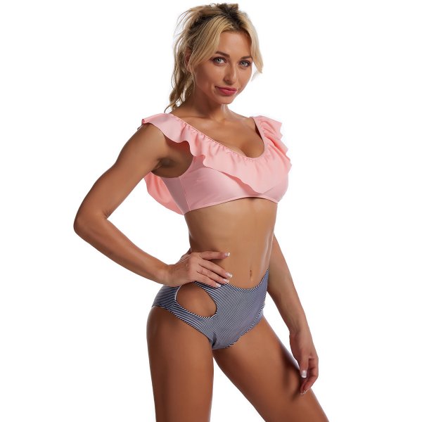 New printed ruffle edge bikini high waist sexy hollow out split swimsuit