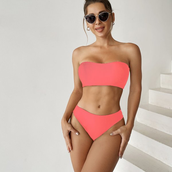 New solid color hollow chest wrapped split swimsuit sexy bikini two-piece set