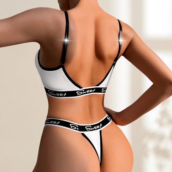White & Black 'Sweet' Bralette & Thong Set: Low-Back Push-Up Lingerie