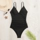 New one-piece black tight conservative V-neck camisole swimsuit for women