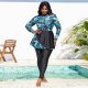 New one-piece swimsuit women's printed zipper skirt style long sleeved plus size swimsuit