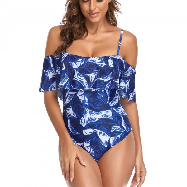 New one-piece swimsuit conservative tight print ruffle edge swimsuit for women