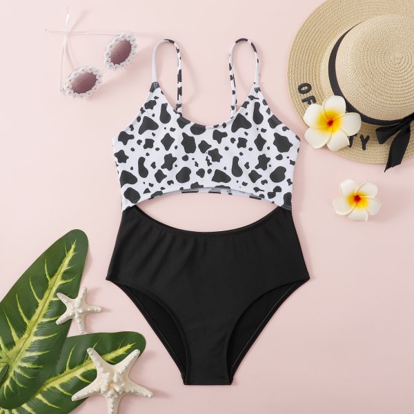 New hollowed out cow print one-piece swimsuit for girls