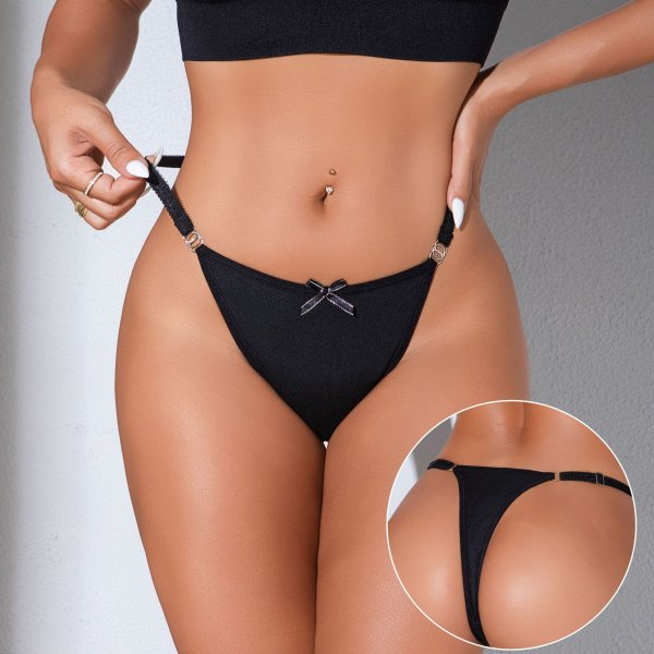 Black Knit Thong with Bow & Metal Hardware: Breathable Women's Underwear