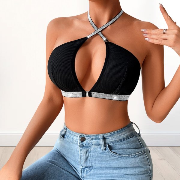 Black Halter Neck Bralette with Glitter Straps: Low-Back Push-Up Y2K Lingerie