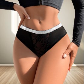 Black Lace Low-Rise Briefs with Glitter Waistband: Invisible Breathable Teen Underwear (S-M)