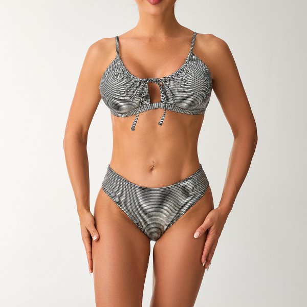 Black/Rose Red Plaid High-Waist Bikini Set: Tie-Front Padded Swimsuit