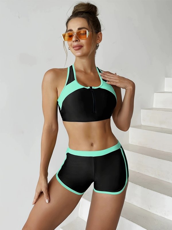 New women's split solid color sports patchwork swimsuit