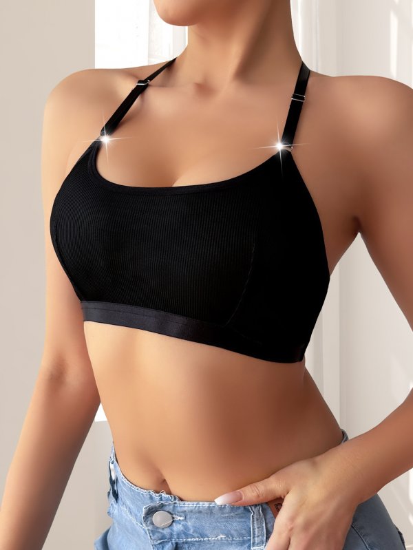 Hanging neck vest style bra cross-border new product solid color breathable women's large chest display small bra