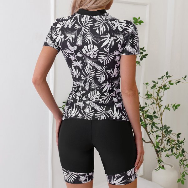 New sports split women's short sleeved printed swimsuit surfing suit set