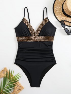 2026 Fashion plus size women's slim fit one-piece swimsuit gold strap bikini swimsuit