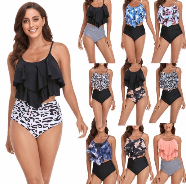 New women\'s swimsuit double-layer lotus leaf high waist split swimsuit bikin