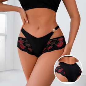 Black Lace Thong with Red Lip Print & Ring Hardware: Breathable Teen Underwear