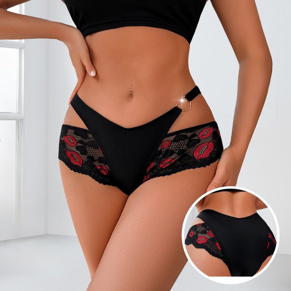 Black Lace Thong with Red Lip Print & Ring Hardware: Breathable Teen Underwear