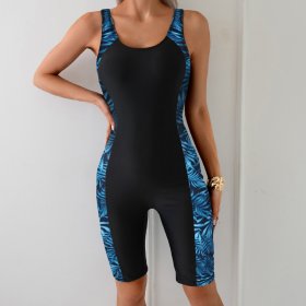 New one-piece swimsuit print splicing conservative sports tight fitting competitive swimsuit for women