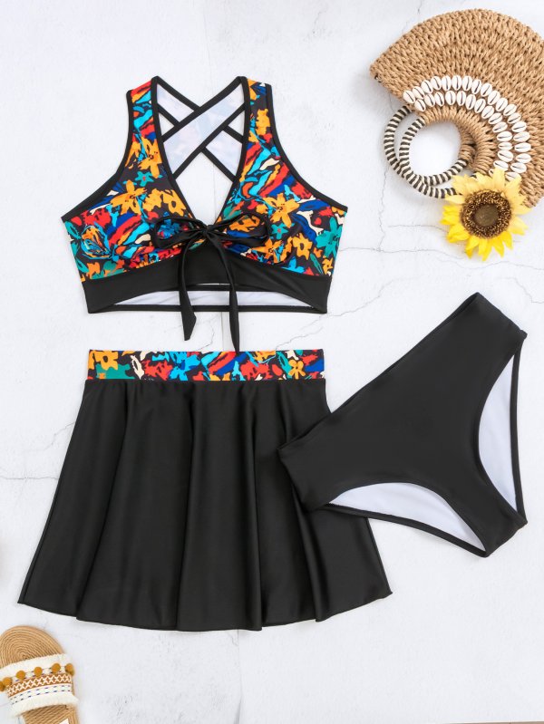 New swimsuit three piece printed fashionable sexy skirt style bikini women's swimsuit