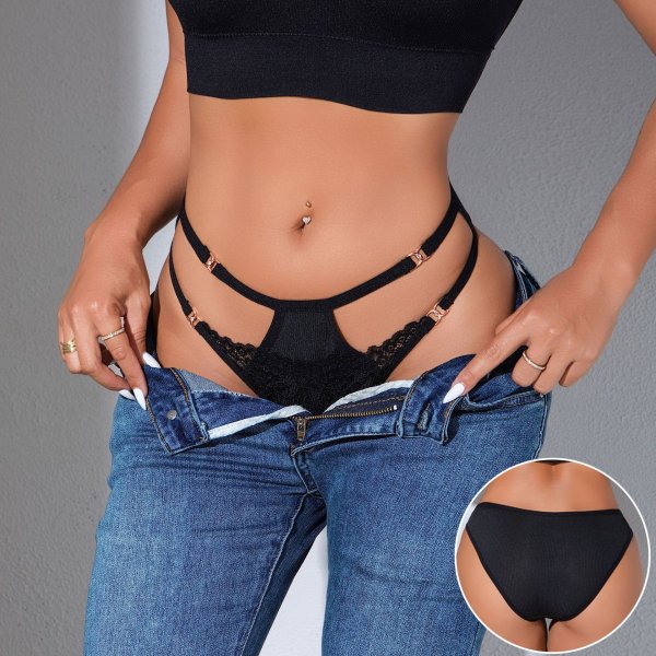 Black Low-Rise Thong with Rose Gold Hardware & Lace: Quick-Dry Breathable Teen Underwear