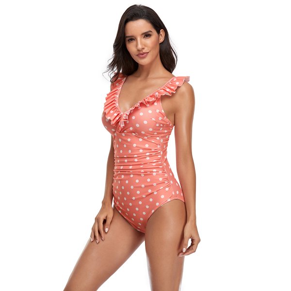 New solid color printed swimsuit with sexy ruffle edge one-piece swimsuit for women