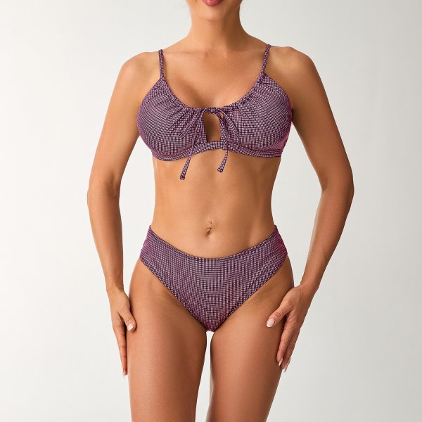 Black/Rose Red Plaid High-Waist Bikini Set: Tie-Front Padded Swimsuit