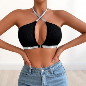 Black Halter Neck Bralette with Glitter Straps: Low-Back Push-Up Y2K Lingerie