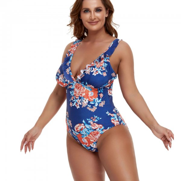 New women's one-piece swimsuit with fat printed ruffle edges, conservative plus size swimsuit