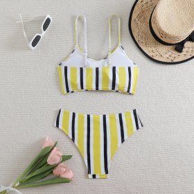 Striped high waisted bow split swimsuit for women, bikini