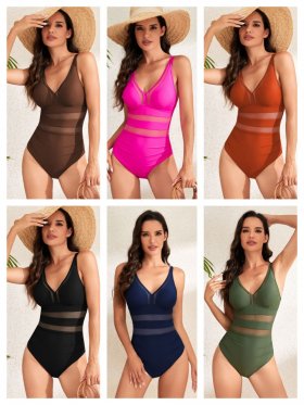 2025 new women's one-piece swimsuit mesh hollow solid color swimsuit women's bikini