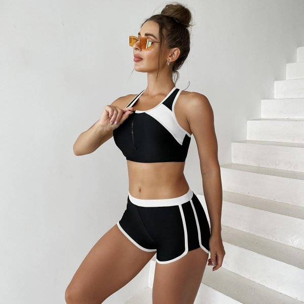 New women's split solid color sports patchwork swimsuit