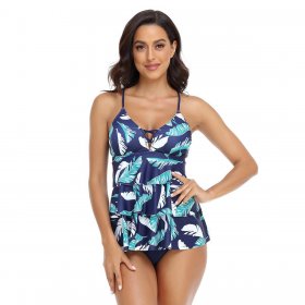 New women's retro printed conservative belly covering camisole skirt triangular split swimsuit