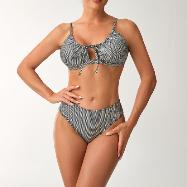 Black/Rose Red Plaid High-Waist Bikini Set: Tie-Front Padded Swimsuit