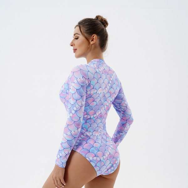 New long sleeved sun protection one-piece printed tight sports surfing suit swimsuit for women