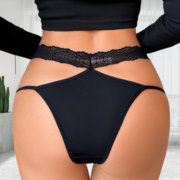 Black Lace-Accented Low-Rise Knit Thong (Teens' Style)